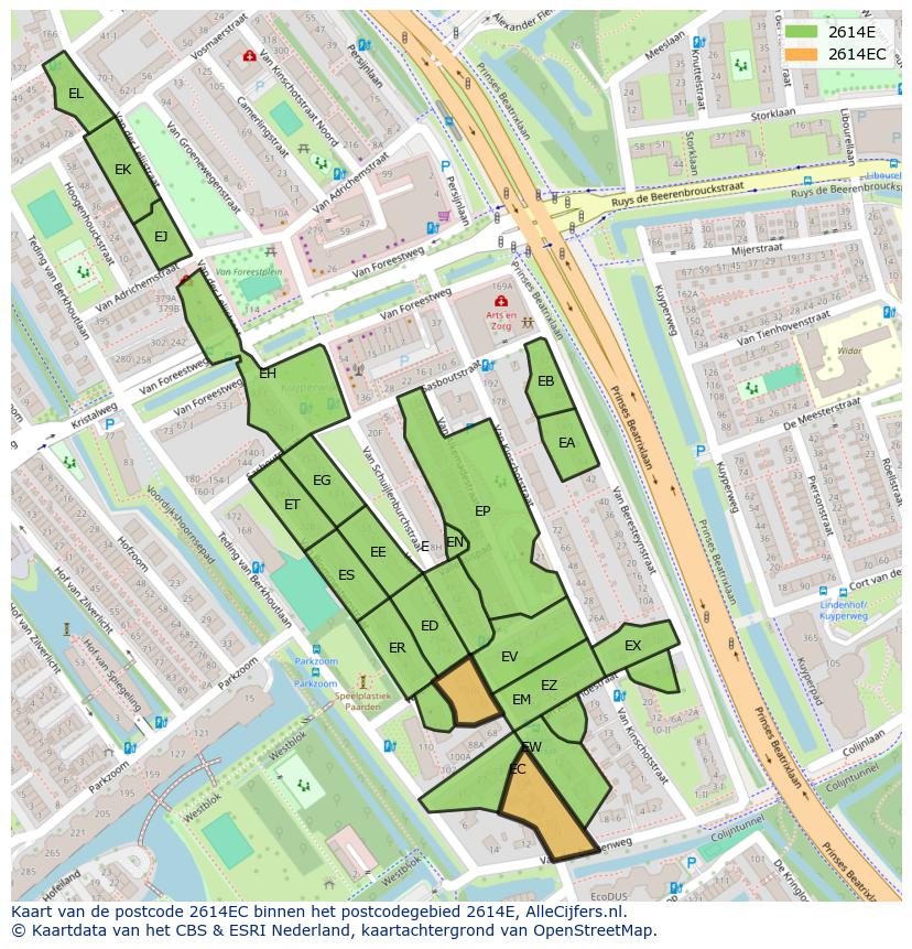 Afbeelding van het postcodegebied 2614 EC op de kaart.