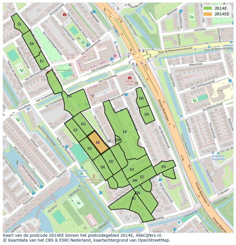 Afbeelding van het postcodegebied 2614 EE op de kaart.