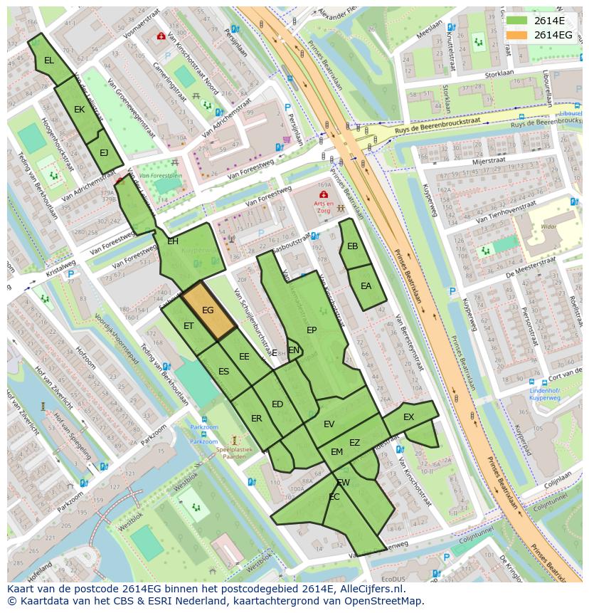 Afbeelding van het postcodegebied 2614 EG op de kaart.