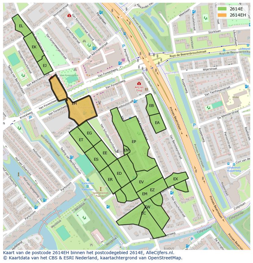 Afbeelding van het postcodegebied 2614 EH op de kaart.