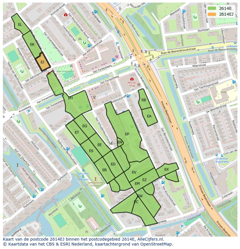 Afbeelding van het postcodegebied 2614 EJ op de kaart.