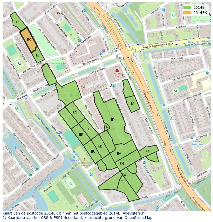 Afbeelding van het postcodegebied 2614 EK op de kaart.