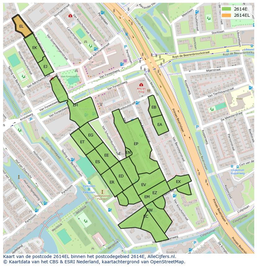 Afbeelding van het postcodegebied 2614 EL op de kaart.