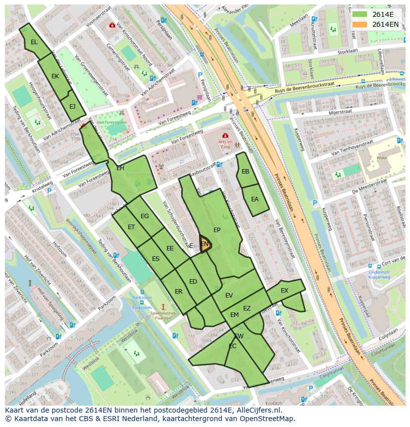Afbeelding van het postcodegebied 2614 EN op de kaart.
