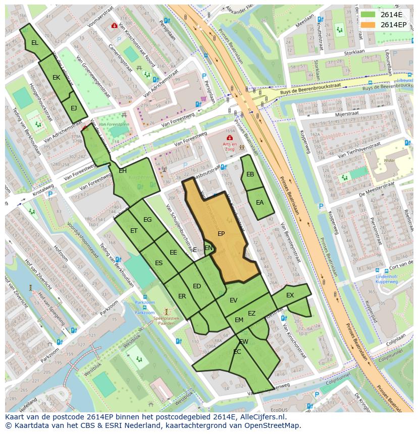 Afbeelding van het postcodegebied 2614 EP op de kaart.