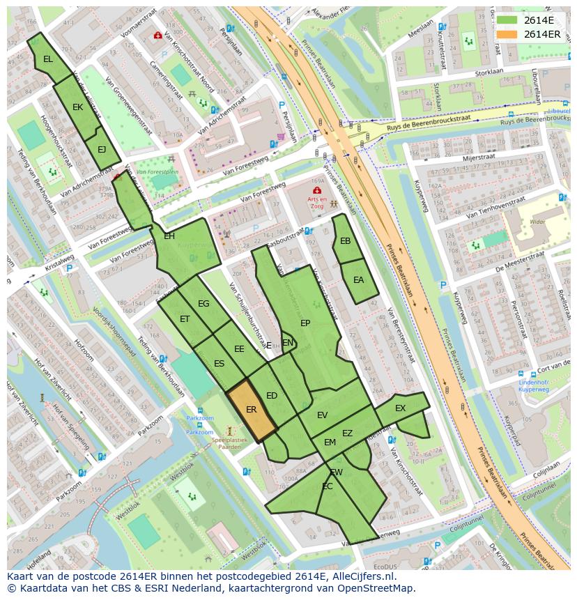 Afbeelding van het postcodegebied 2614 ER op de kaart.