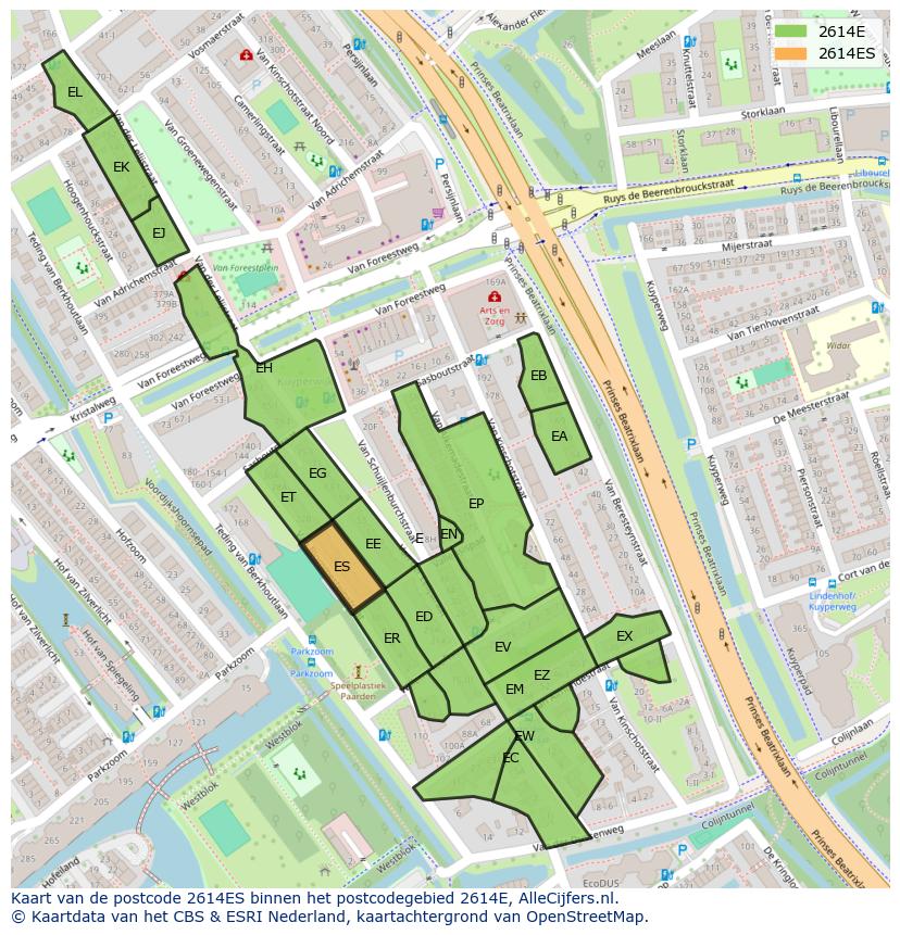 Afbeelding van het postcodegebied 2614 ES op de kaart.