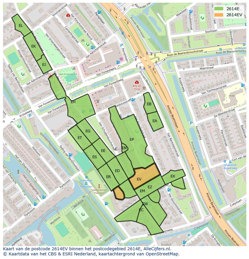 Afbeelding van het postcodegebied 2614 EV op de kaart.