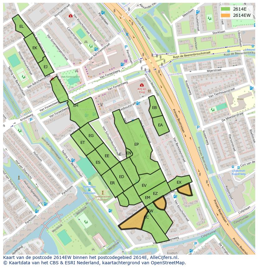 Afbeelding van het postcodegebied 2614 EW op de kaart.