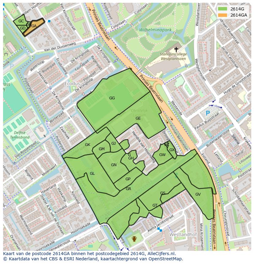Afbeelding van het postcodegebied 2614 GA op de kaart.