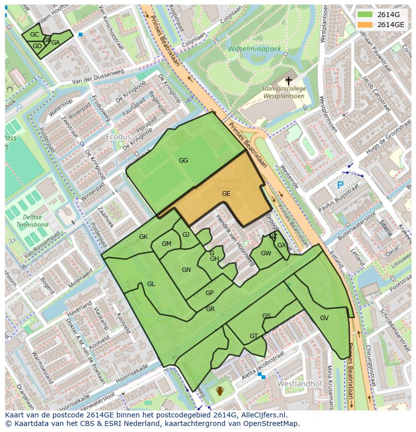 Afbeelding van het postcodegebied 2614 GE op de kaart.