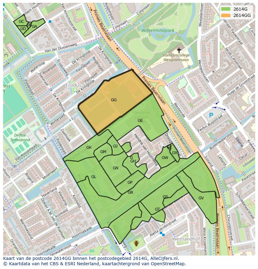 Afbeelding van het postcodegebied 2614 GG op de kaart.