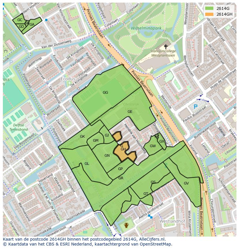 Afbeelding van het postcodegebied 2614 GH op de kaart.