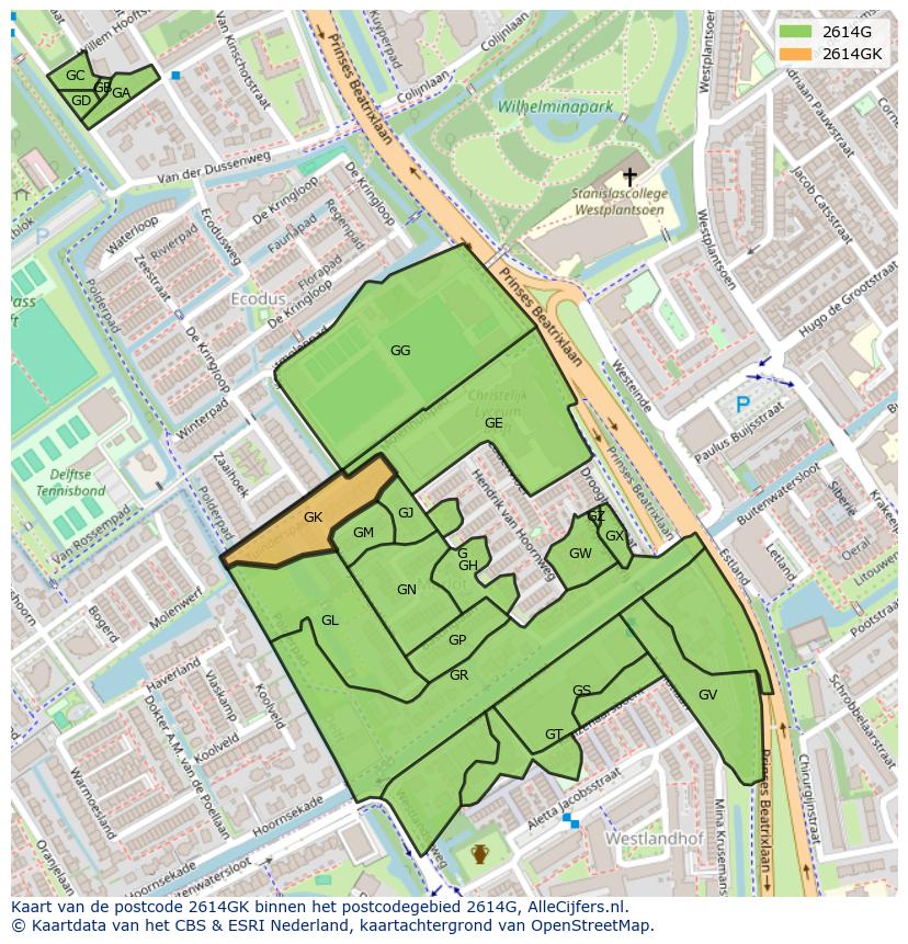 Afbeelding van het postcodegebied 2614 GK op de kaart.