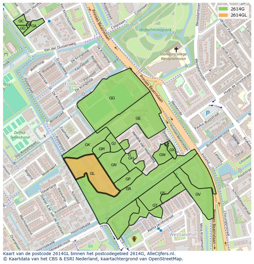 Afbeelding van het postcodegebied 2614 GL op de kaart.