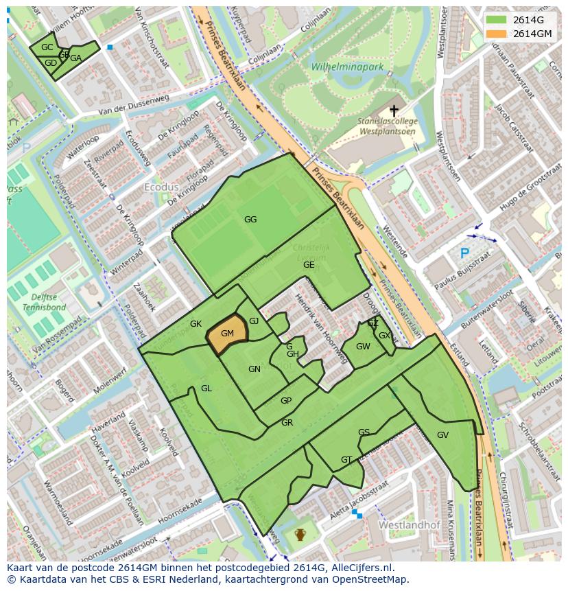 Afbeelding van het postcodegebied 2614 GM op de kaart.