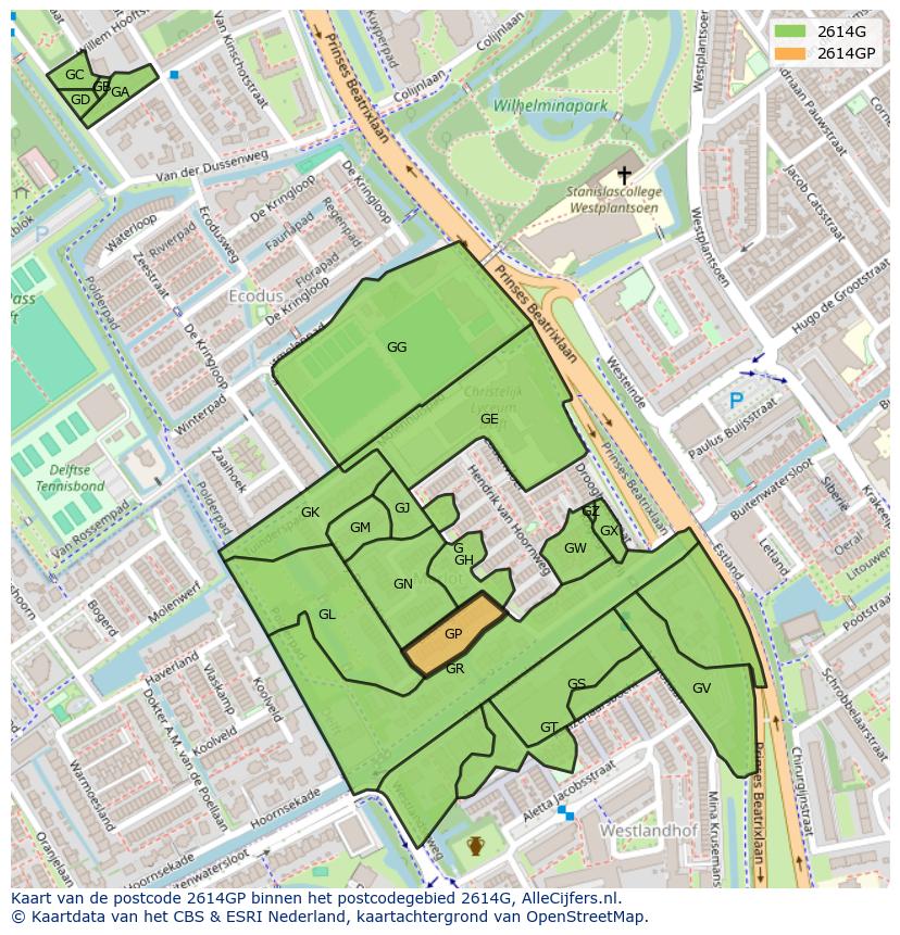 Afbeelding van het postcodegebied 2614 GP op de kaart.