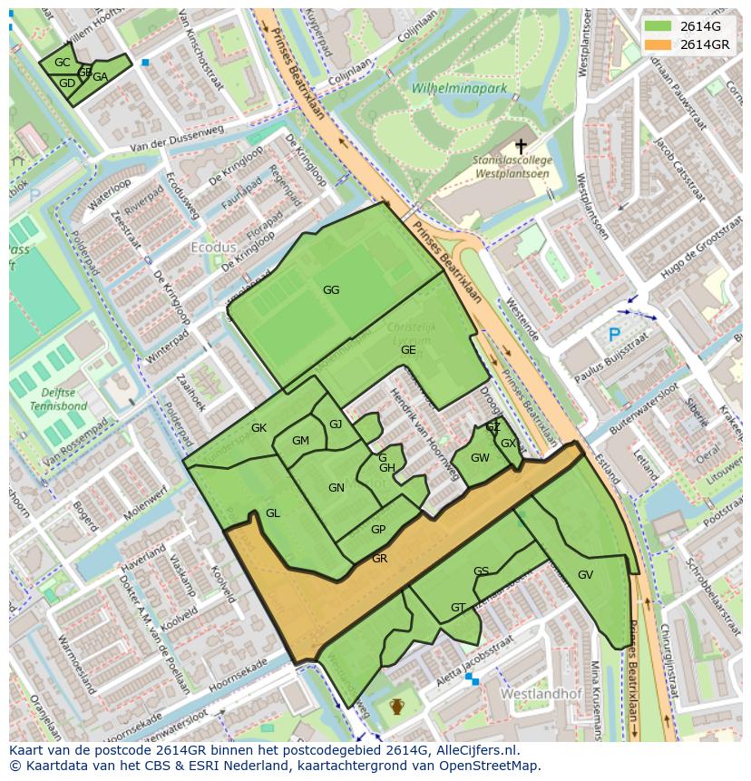 Afbeelding van het postcodegebied 2614 GR op de kaart.