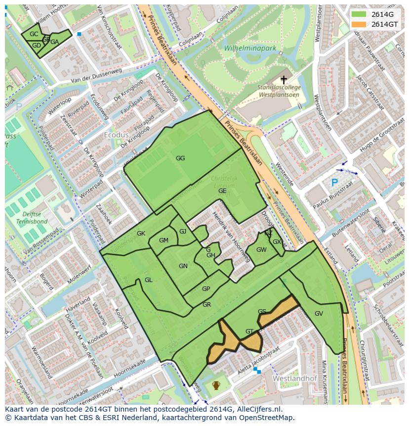 Afbeelding van het postcodegebied 2614 GT op de kaart.