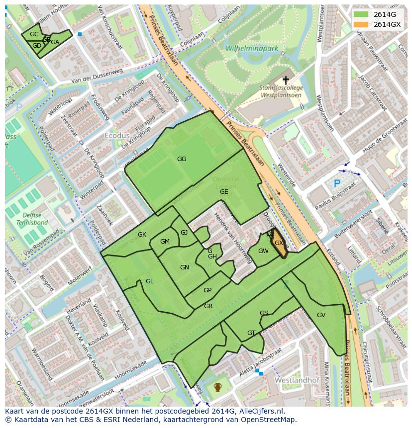 Afbeelding van het postcodegebied 2614 GX op de kaart.