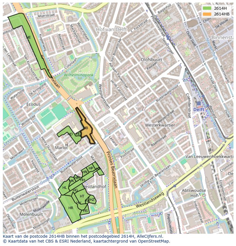 Afbeelding van het postcodegebied 2614 HB op de kaart.