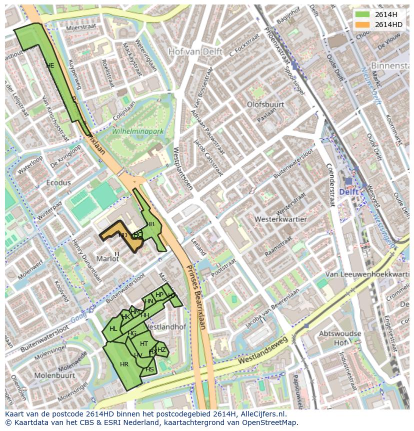 Afbeelding van het postcodegebied 2614 HD op de kaart.