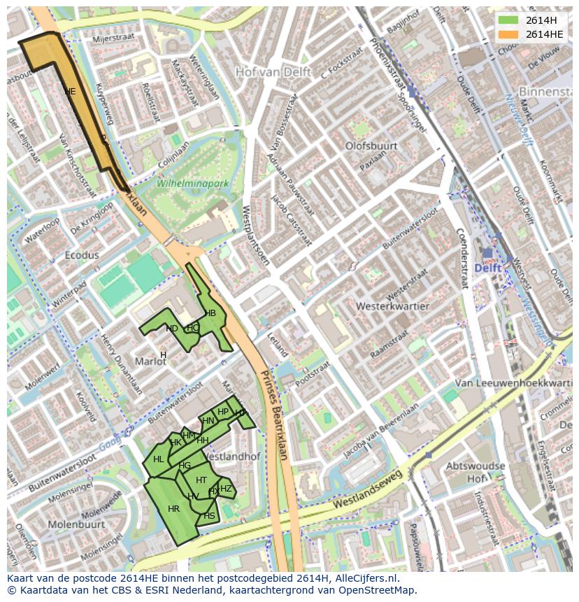 Afbeelding van het postcodegebied 2614 HE op de kaart.