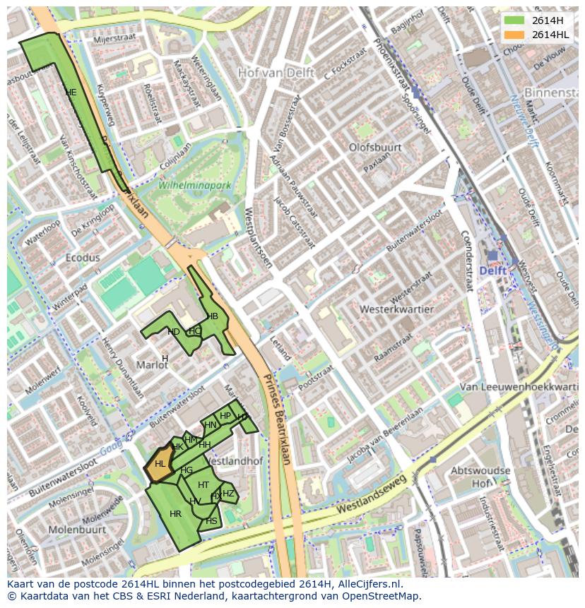 Afbeelding van het postcodegebied 2614 HL op de kaart.