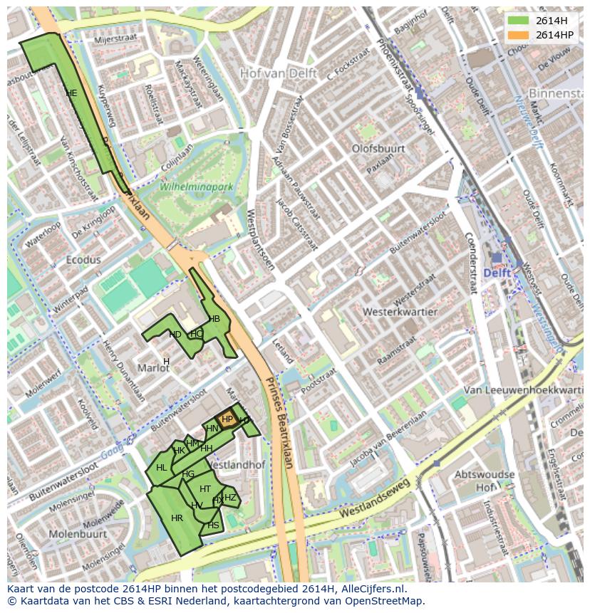Afbeelding van het postcodegebied 2614 HP op de kaart.