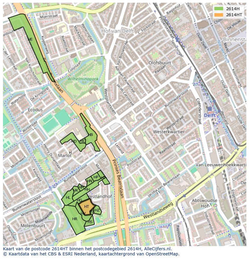 Afbeelding van het postcodegebied 2614 HT op de kaart.