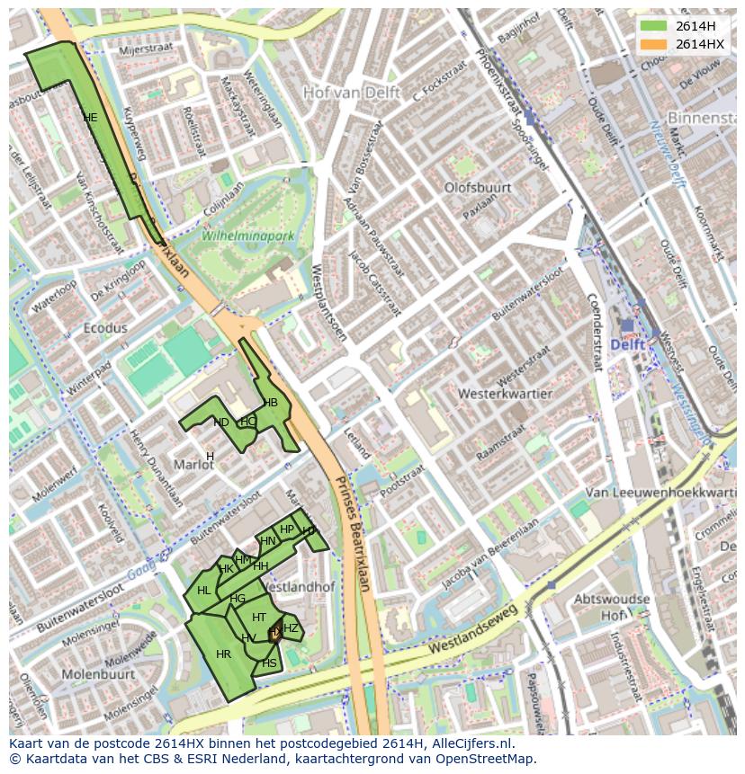 Afbeelding van het postcodegebied 2614 HX op de kaart.