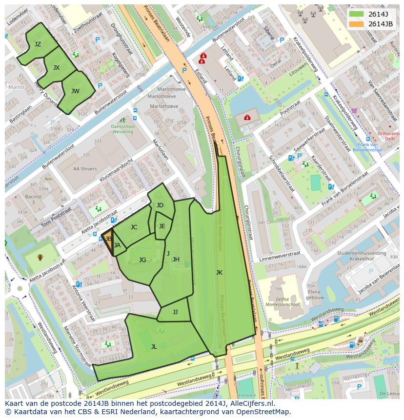 Afbeelding van het postcodegebied 2614 JB op de kaart.