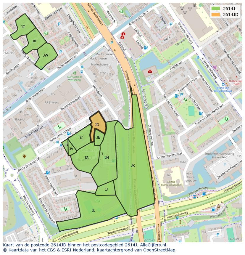 Afbeelding van het postcodegebied 2614 JD op de kaart.