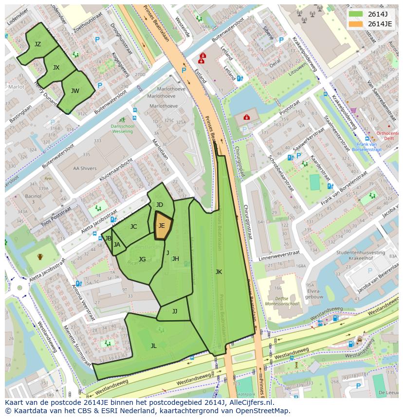 Afbeelding van het postcodegebied 2614 JE op de kaart.