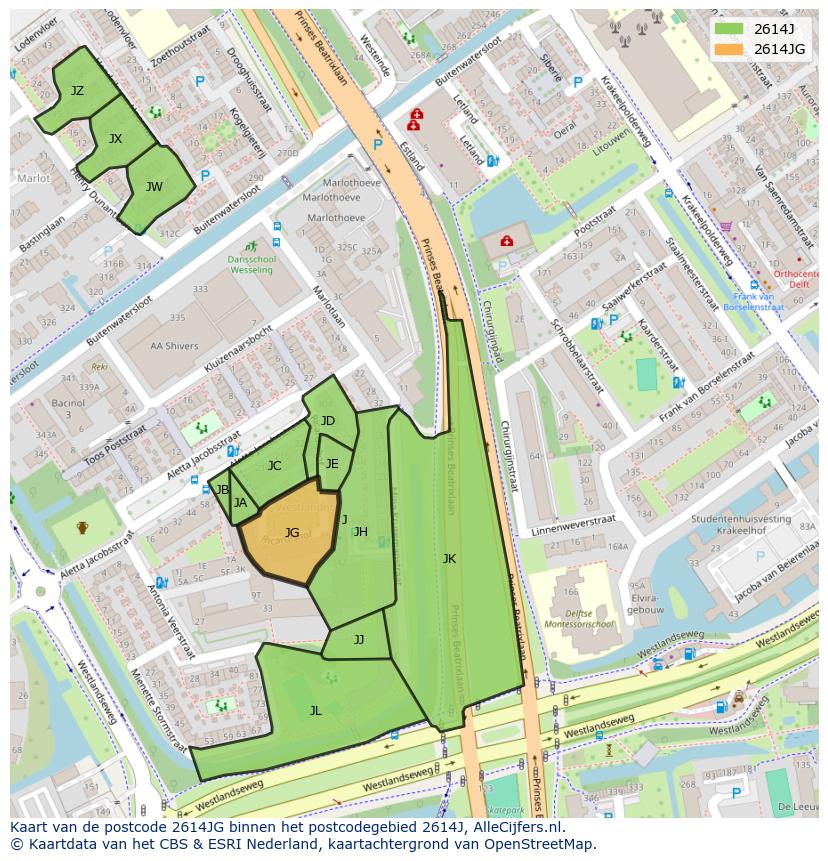 Afbeelding van het postcodegebied 2614 JG op de kaart.