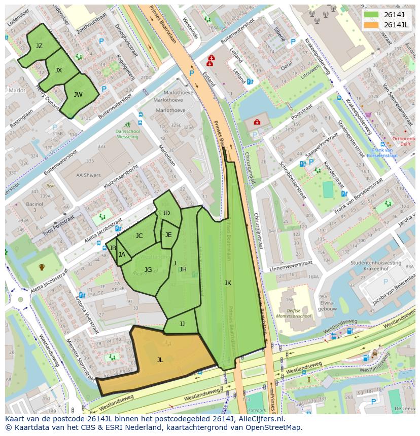 Afbeelding van het postcodegebied 2614 JL op de kaart.