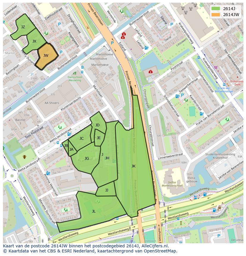 Afbeelding van het postcodegebied 2614 JW op de kaart.