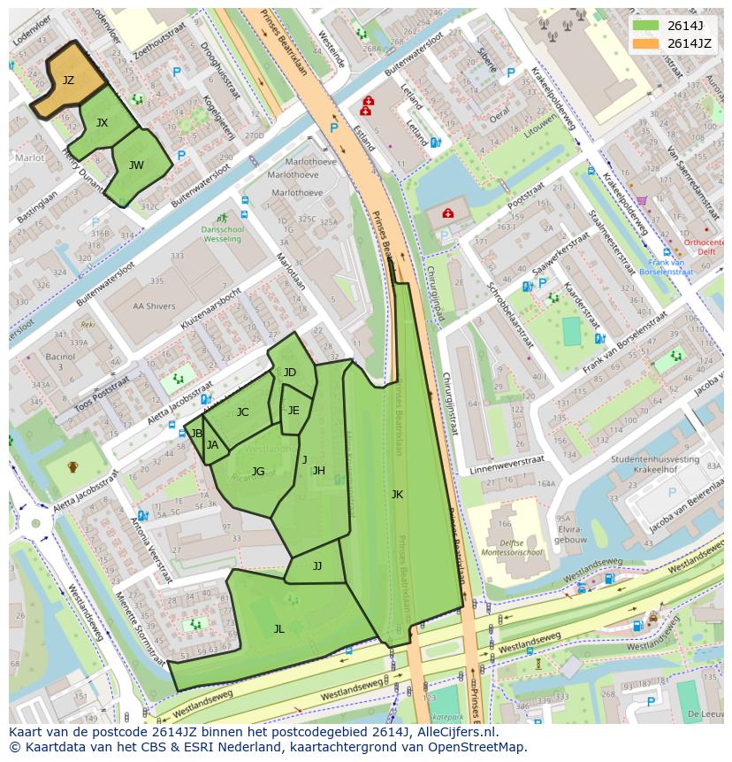 Afbeelding van het postcodegebied 2614 JZ op de kaart.