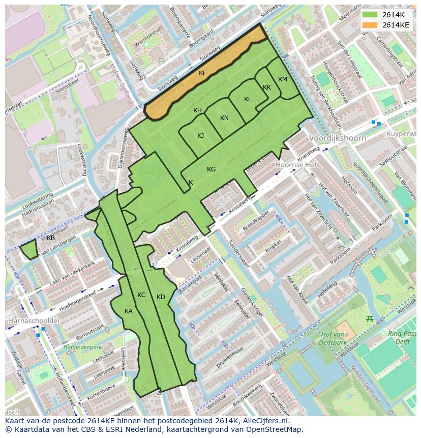 Afbeelding van het postcodegebied 2614 KE op de kaart.