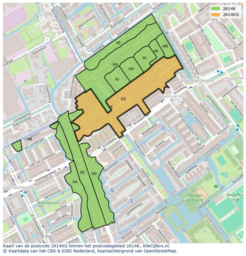 Afbeelding van het postcodegebied 2614 KG op de kaart.