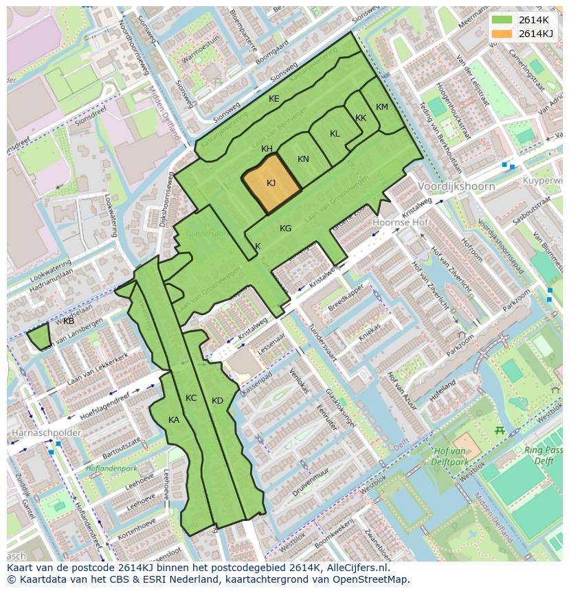 Afbeelding van het postcodegebied 2614 KJ op de kaart.