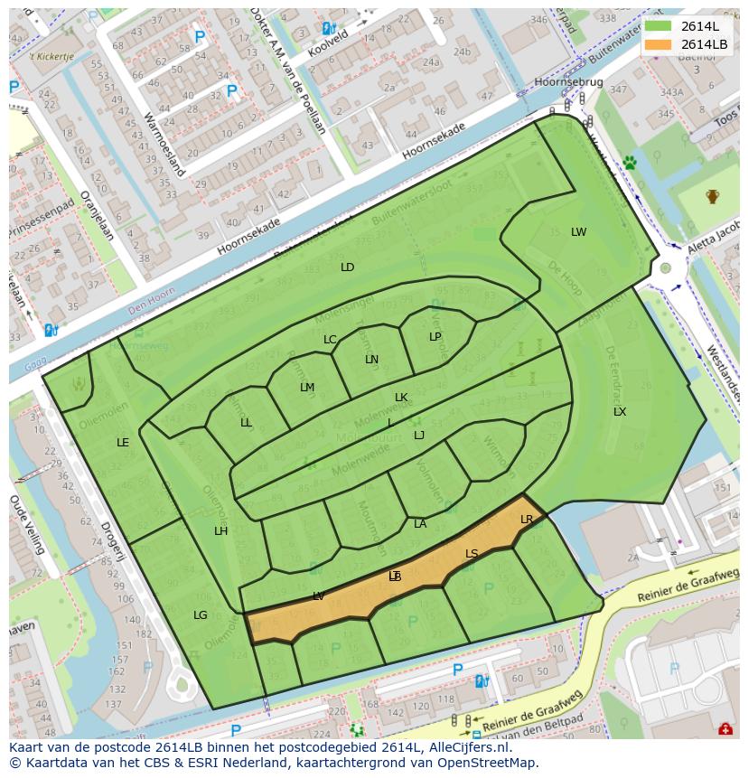 Afbeelding van het postcodegebied 2614 LB op de kaart.