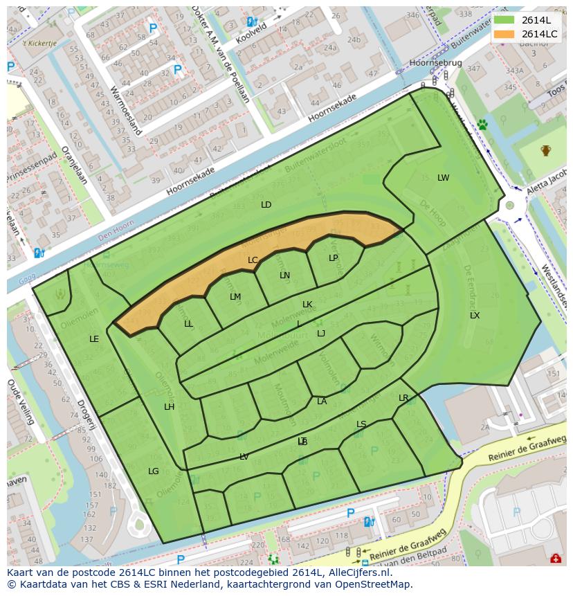Afbeelding van het postcodegebied 2614 LC op de kaart.