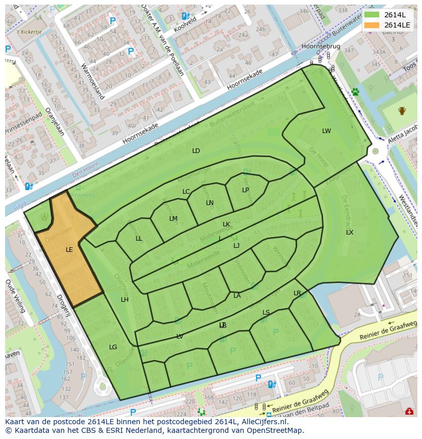 Afbeelding van het postcodegebied 2614 LE op de kaart.