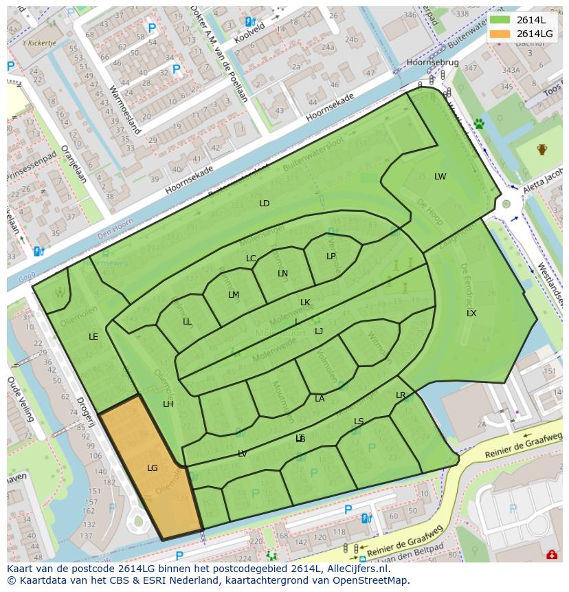 Afbeelding van het postcodegebied 2614 LG op de kaart.