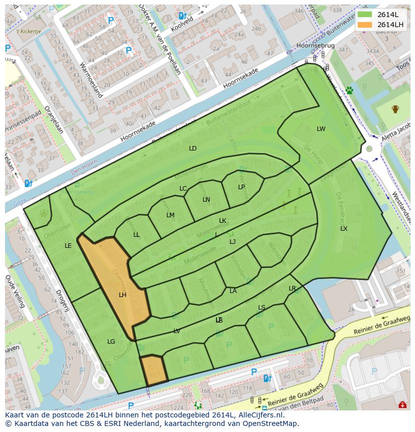 Afbeelding van het postcodegebied 2614 LH op de kaart.
