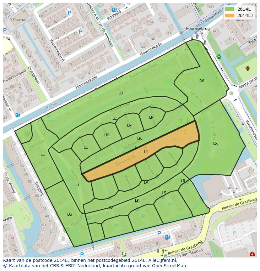Afbeelding van het postcodegebied 2614 LJ op de kaart.