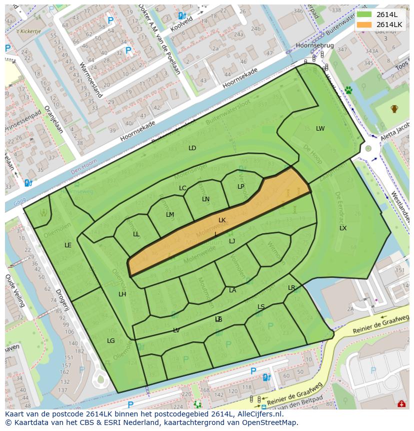 Afbeelding van het postcodegebied 2614 LK op de kaart.