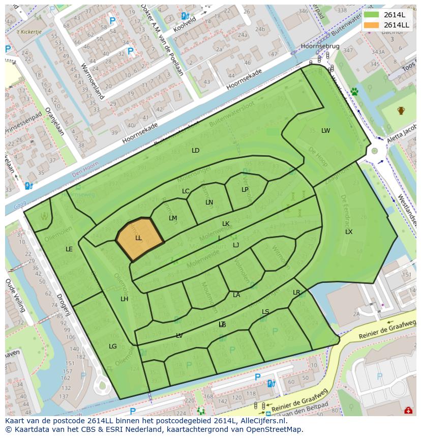 Afbeelding van het postcodegebied 2614 LL op de kaart.