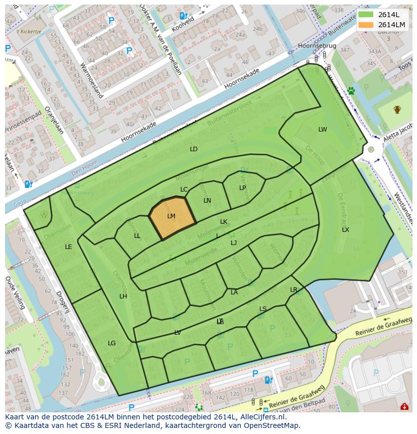 Afbeelding van het postcodegebied 2614 LM op de kaart.